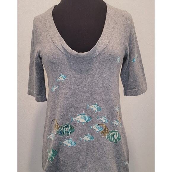 Moth by Anthropologie “Shoaling Gleam” Pullover – Gray with Fish Print – Medium - Picture 1 of 10